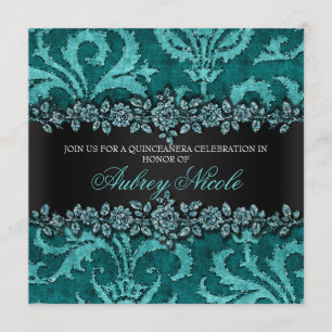 Blauwgroen Faux Glitter & Velvet Floral Quinceaner Kaart