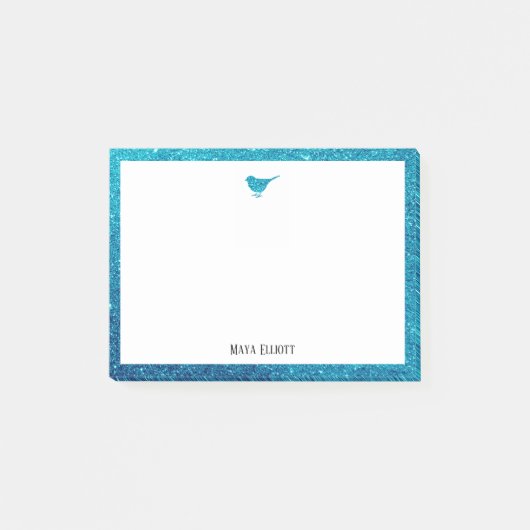 Blauwgroen Faux Glitter Vogel en Rand w / Wit Post-it® Notes (Voorkant)