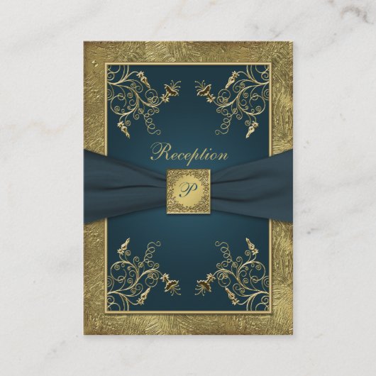 Blauwgroen, FAUX Gold, Floral Wedding Enclosure Ka Informatiekaartje (Voorkant)
