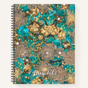Blauwgroen Faux Gold Glitter Abstracte Flowers Aan Notitieboek