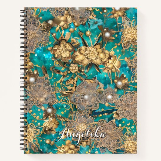 Blauwgroen Faux Gold Glitter Abstracte Flowers Aan Notitieboek (Voorkant)