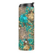 Blauwgroen Faux Gold Glitter Abstracte Flowers Aan Thermosbeker (Gedraaid links)