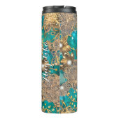 Blauwgroen Faux Gold Glitter Abstracte Flowers Aan Thermosbeker (Achterkant)