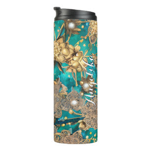 Blauwgroen Faux Gold Glitter Abstracte Flowers Aan Thermosbeker