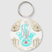 Blauwgroen faux gouden waterverf Hamsa Hand Fatima Sleutelhanger (Voorkant)
