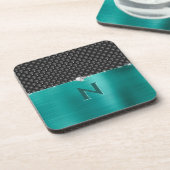 Blauwgroen Faux Metal Glam Upholstery en Monogram Bier Onderzetter (Linkerzijde)