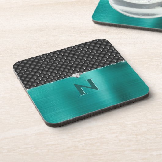 Blauwgroen Faux Metal Glam Upholstery en Monogram Bier Onderzetter (Linkerzijde)