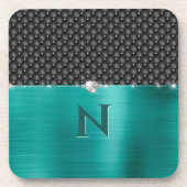 Blauwgroen Faux Metal Glam Upholstery en Monogram Bier Onderzetter (Voorkant)