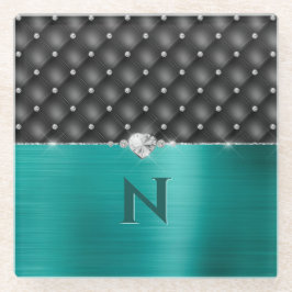 Blauwgroen Faux Metal Glam Upholstery en Monogram Glazen Onderzetter