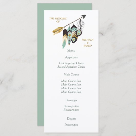 Blauwgroen Feather Arrow bruiloft menu (Voorkant / Achterkant)