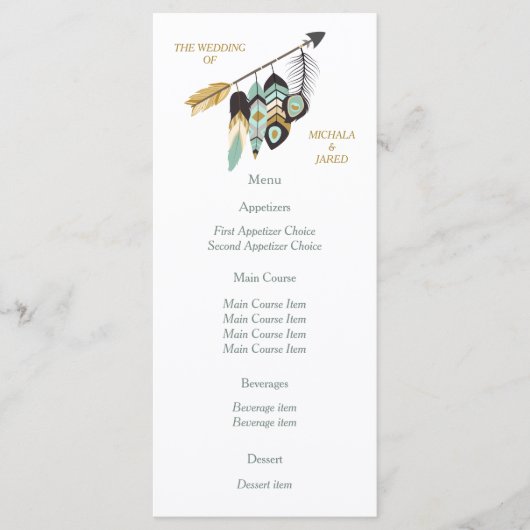 Blauwgroen Feather Arrow bruiloft menu (Voorkant)