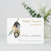 Blauwgroen Feather Dreamcatcher bruiloft RSVP Kaartje (Staand voorkant)