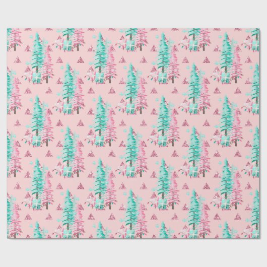 Blauwgroen feestdag roze kerstboom cadeaupapier (Vlak)
