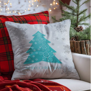 Blauwgroen feestelijk Sierkussen met kerstbomen