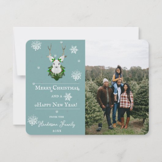 Blauwgroen Festive Reindeer Holiday-fotokaart Feestdagenkaart (Voorkant)