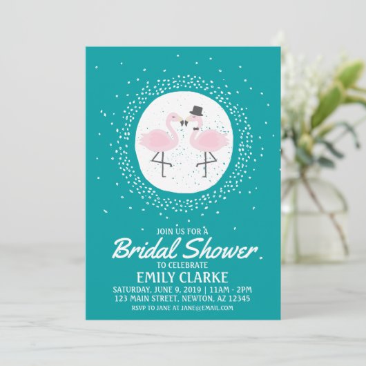 Blauwgroen Flamingo Bride & Groom Invitation (elk  Kaart (Staand voorkant)