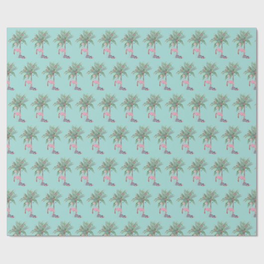 Blauwgroen Flamingo In Santa Hat Met Palmboom En L Cadeaupapier (Vlak)