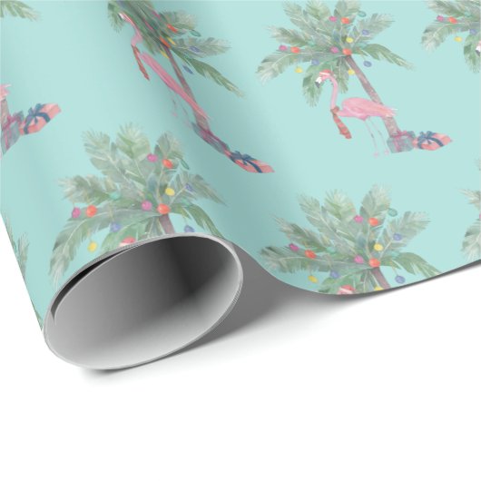 Blauwgroen Flamingo In Santa Hat Met Palmboom En L Cadeaupapier (Rol Hoek)