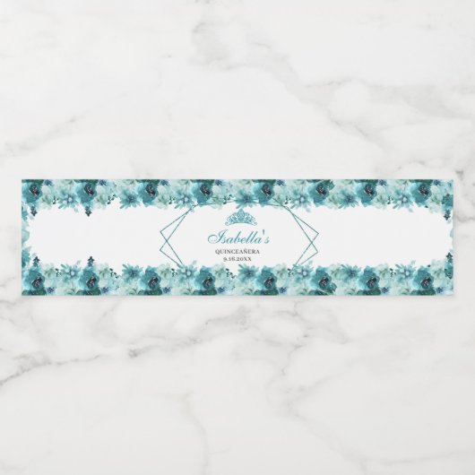 Blauwgroen flesje Quinceanera Water Fles Label Waterfles Etiket (Enkel label)