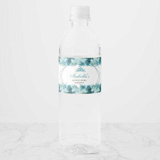 Blauwgroen flesje Quinceanera Water Fles Label Waterfles Etiket (Voorkant)