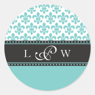 Blauwgroen Fleur de lis bruiloft Monogram Sticker