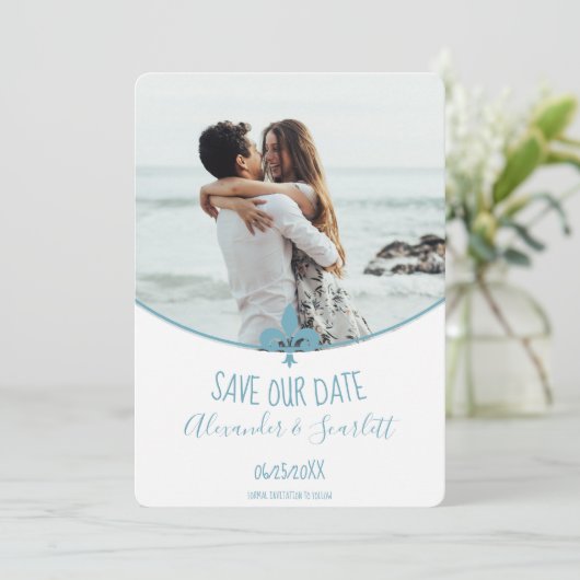 Blauwgroen Fleur de Lis-foto slaat de datum-aankon Aankondiging (Staand voorkant)