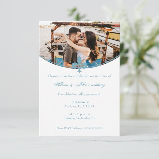 Blauwgroen Fleur de Lis Photo Vrijgezellenfeest no Kaart (Staand voorkant)