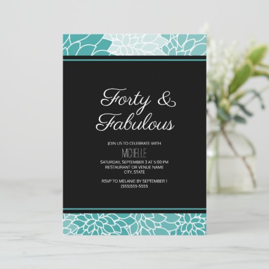 Blauwgroen Floral 40 en Fabulous Birthday Kaart (Staand voorkant)
