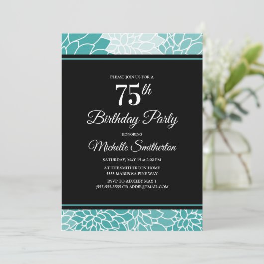 Blauwgroen Floral 75th Birthday Party Kaart (Staand voorkant)