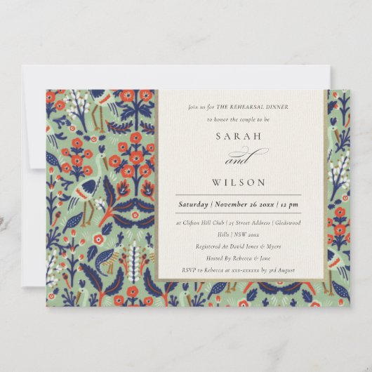  Blauwgroen Floral Bird Rehearsal Dinner Invite Bedankkaart (Voorkant)