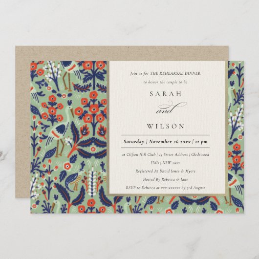  Blauwgroen Floral Bird Rehearsal Dinner Invite Bedankkaart (Voorkant / Achterkant)