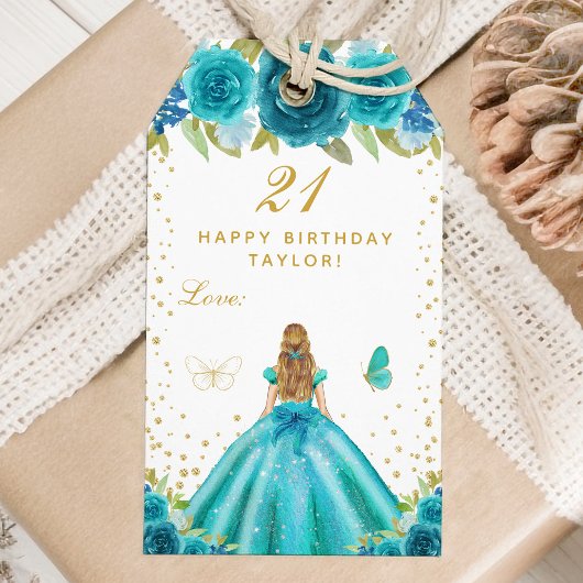 Blauwgroen Floral Blonde Hair Girl Happy Birthday Cadeaulabel