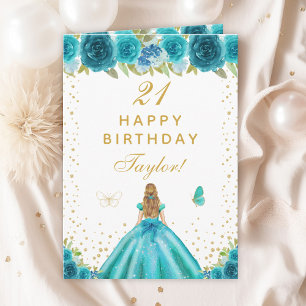 Blauwgroen Floral Blonde Hair Girl Happy Birthday Kaart