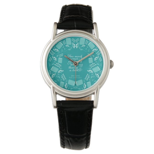 Blauwgroen Floral Bookish Quote Pride & Prejudice Horloge (Voorkant)