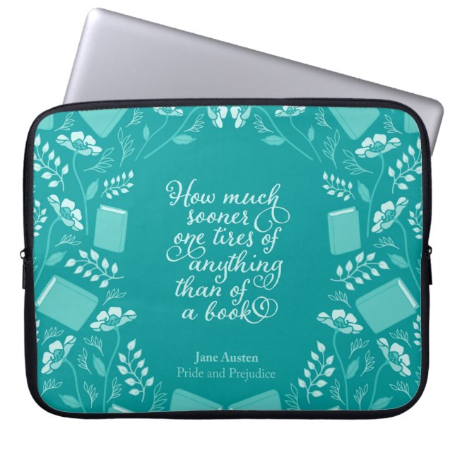 Blauwgroen Floral Bookish Quote Pride & Prejudice Laptop Sleeve (Voorkant)