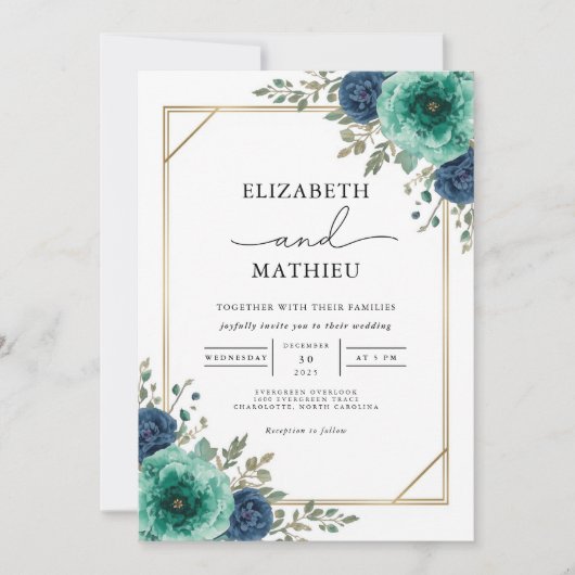 Blauwgroen Floral Border Wedding Kaart (Voorkant)