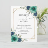 Blauwgroen Floral Border Wedding Kaart (Staand voorkant)