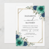 Blauwgroen Floral Border Wedding Kaart (Voorkant / Achterkant)