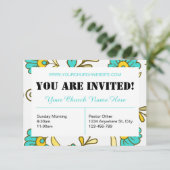 Blauwgroen Floral Church Invitation Kaart (Staand voorkant)