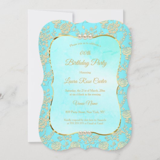 Blauwgroen floral Damask roos Gold Birthday Party Kaart (Voorkant)