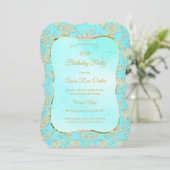 Blauwgroen floral Damask roos Gold Birthday Party Kaart (Staand voorkant)