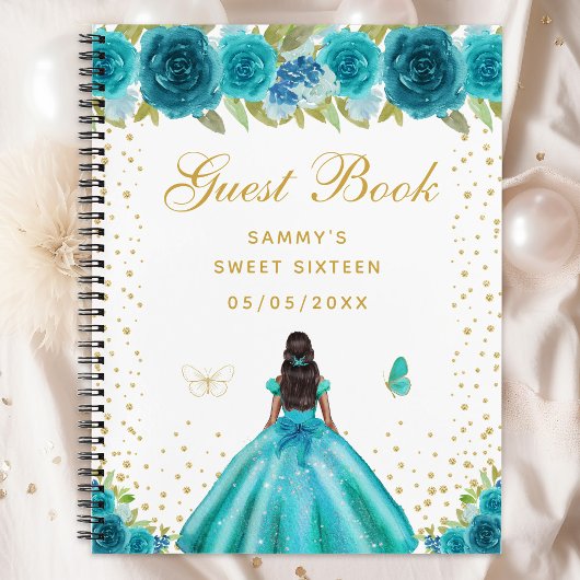 Blauwgroen Floral Dark Skin Princess Sweet Sixteen Notitieboek