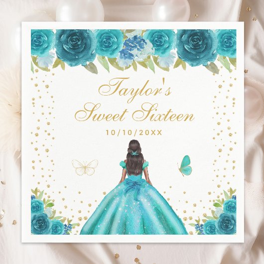 Blauwgroen Floral Dark Skin Princess Sweet Sixteen Servet