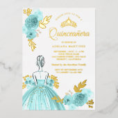Blauwgroen Floral Dress Princess Quinceanera Gold Folie Uitnodiging (Voorkant)