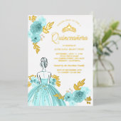 Blauwgroen Floral Dress Princess Quinceanera Gold Folie Uitnodiging (Staand Voorkant)