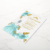 Blauwgroen Floral Dress Princess Quinceanera Gold Folie Uitnodiging (Gedraaid)