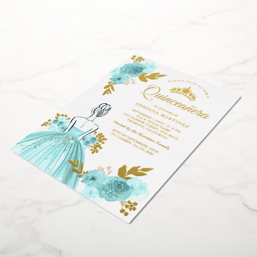 Blauwgroen Floral Dress Princess Quinceanera Gold Folie Uitnodiging (Gedraaid)