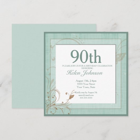 Blauwgroen Floral Elegant 90ste Verjaardagsfeest Kaart (Voorkant / Achterkant)
