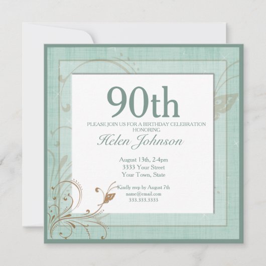  Blauwgroen Floral Elegant 90ste Verjaardagsfeest Kaart (Voorkant)