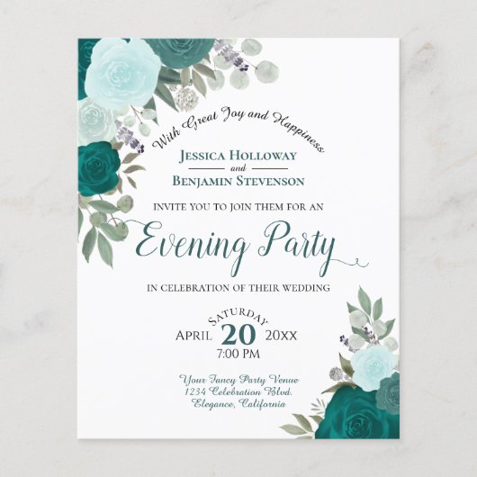 Blauwgroen Floral Evening Party Budget Weddenschap (Voorkant)
